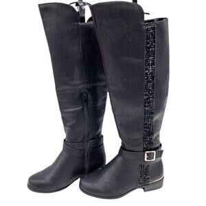 Shoe Dazzle Black Gold Buckle Perla Over the Knee Heeled Riding Boots 7 Women's